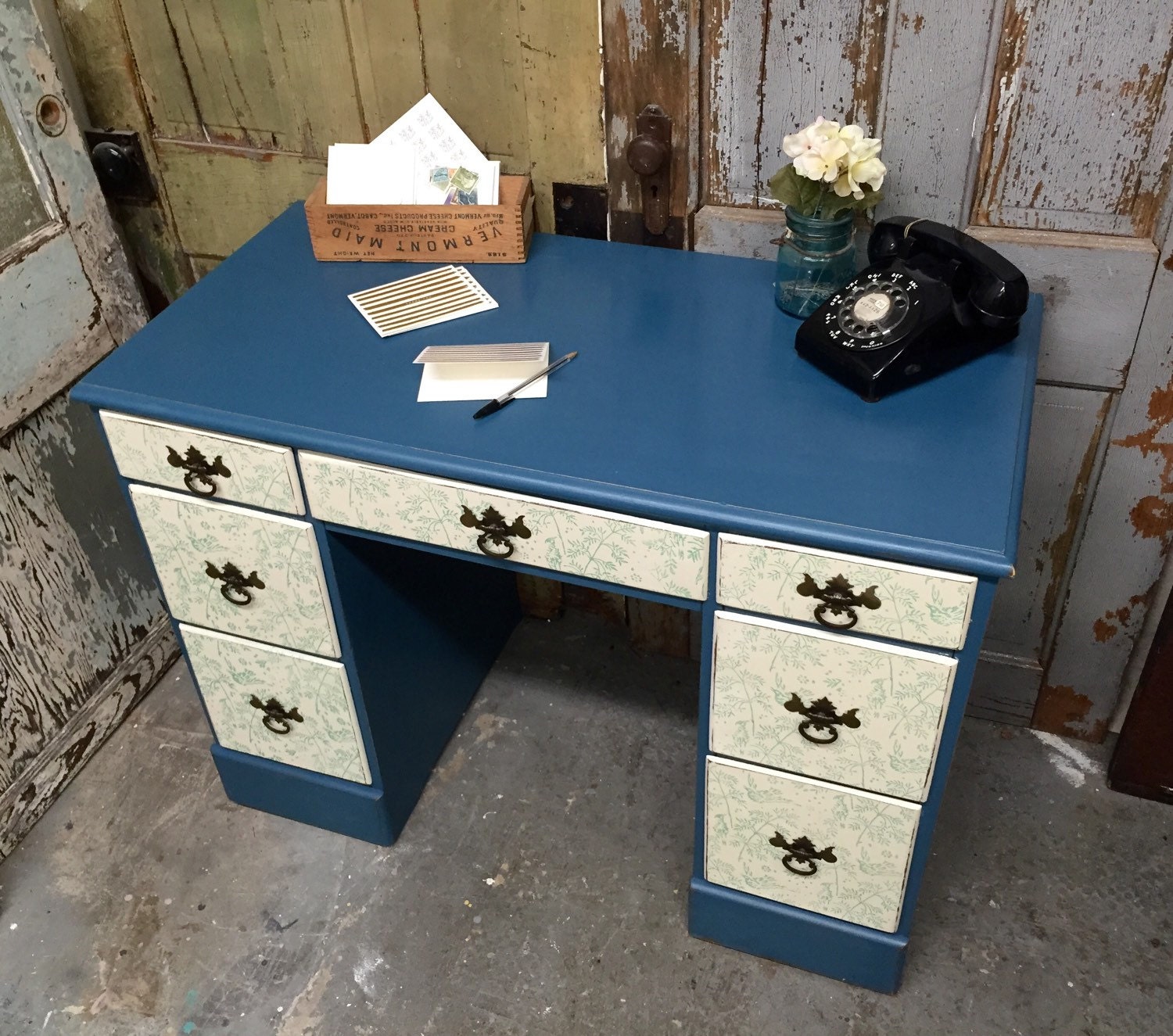 Blue & White Desk Solid Wood Student desk or by VintageHipDecor