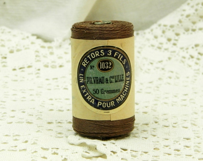 Antique French Unused Reel of 50 gm Brown Linen Thread. / French Decor / Vintage Haberdashery / Antique Sewing Supplies / Fleamarket Craft
