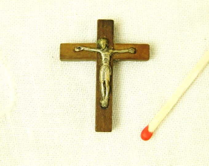 Vintage French Mid Century Wooden and Metal Crucifix / Religious Jewelry / Christian Cross / Jesus / Christ / Catholic / Church / Jewellery
