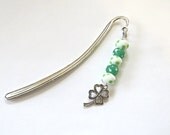 Large St Patrick's Day Bookmark. Sale. Antique silver metal bookmark dangling green white glass beads and a 4 leaf heart clover. 233SPB