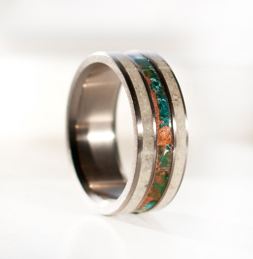 Mens Wedding Band 3 Channel Patina Copper & Antler Ring