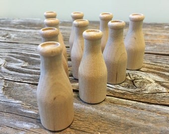 10 Mini Unfinished Wooden Milk Bottles, Crafting Supplies