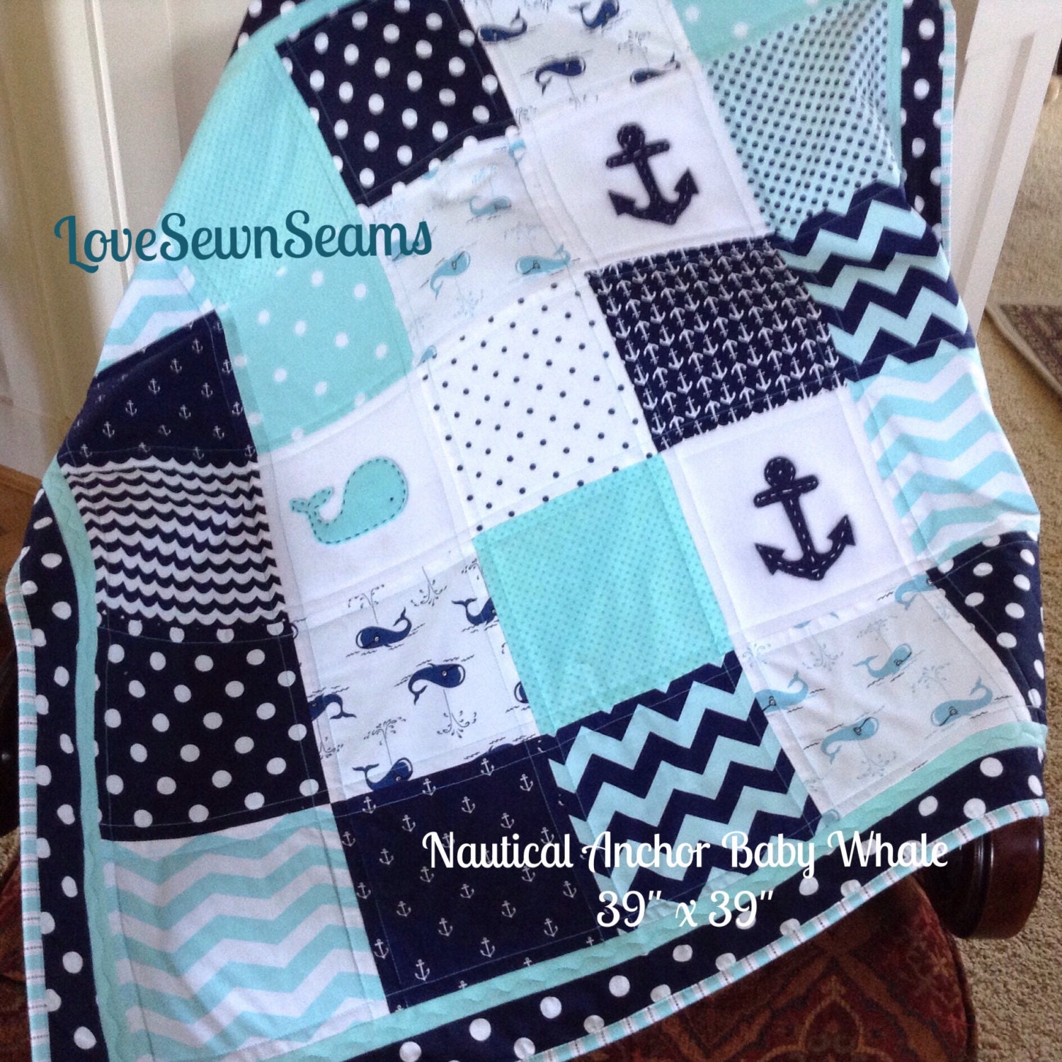 Nautical Anchor & Baby Whale quilt in teal navy by Lovesewnseams