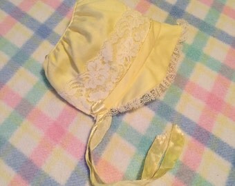 Baby Girl Bonnet Hat Yellow White Lace Bows Sz 0-6M Church Easter