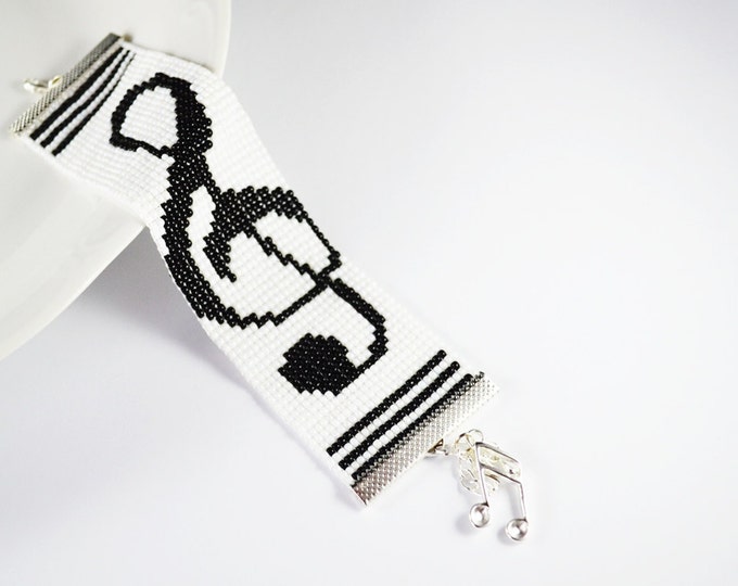 Treble Clef Pattern Jewelry Bracelet Beadwork Beadweaving bracelet woven on a loom gift for her black white colors womens men girls gift