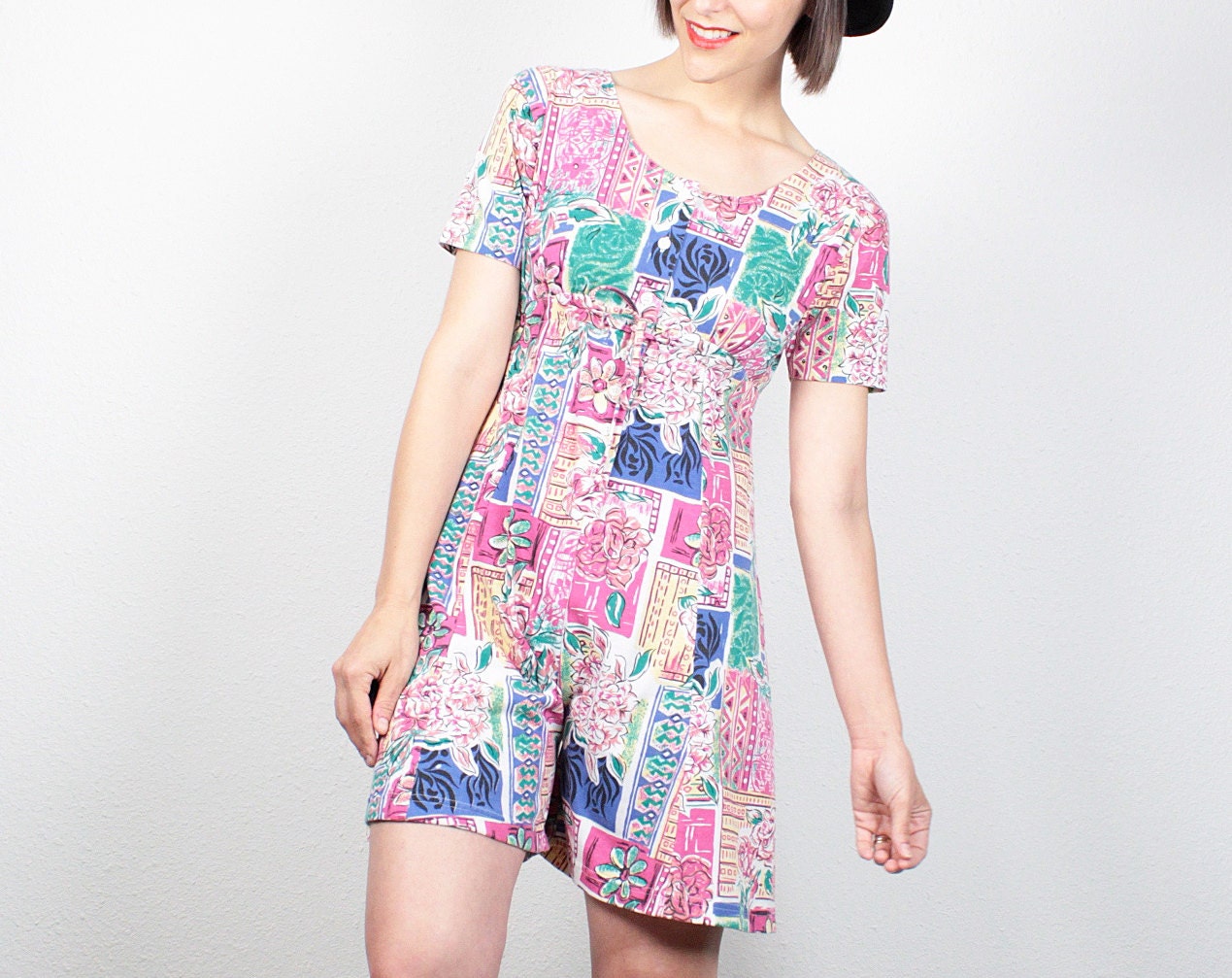 Vintage 80s Romper 1980s Playsuit Pink Blue Green Floral Print