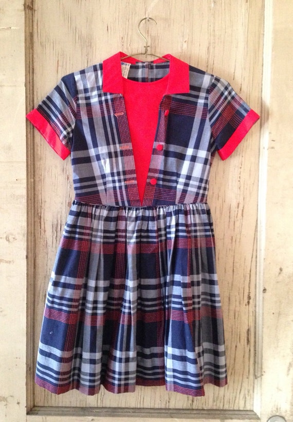 Items similar to vintage, red and blue plaid, little girl's dress with ...