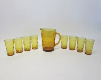 Hazel Atlas Eldorado Amber Pitcher & 8 Drinking Glasses