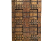 Antique indian Vintage Door panels teak Carved Rustic Furniture - Brass iron ornamentation