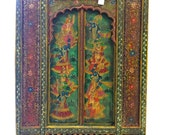 Antique Indian Colorful Vintage Jharokha Hand Painted Radha Krishna Dancing in Frame Gate