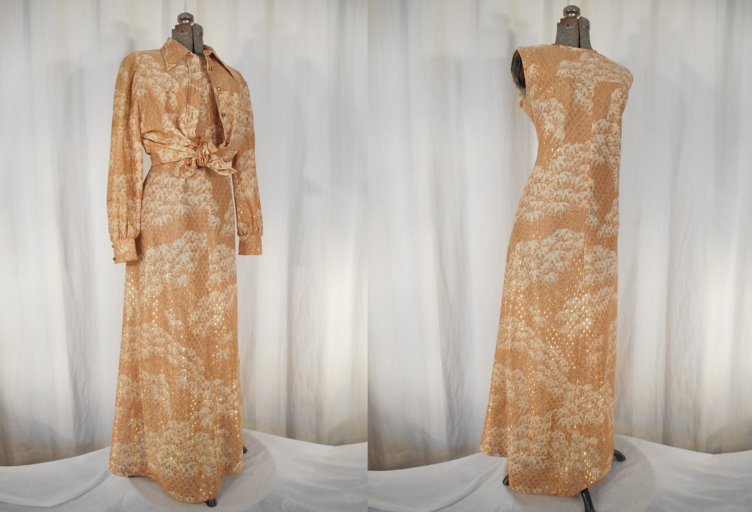 Vintage 1970s Dress / 70s Maxi Dress / Plus Size Dress / Tan