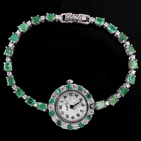 6.07CT Colombian Emerald 925 Sterling Silver Watch 7.5 inch