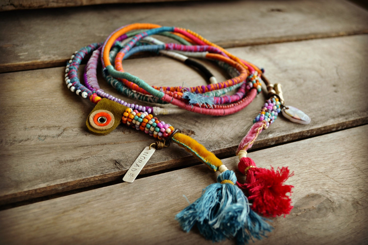 Statement Necklace thread wrapped. beaded rope necklace