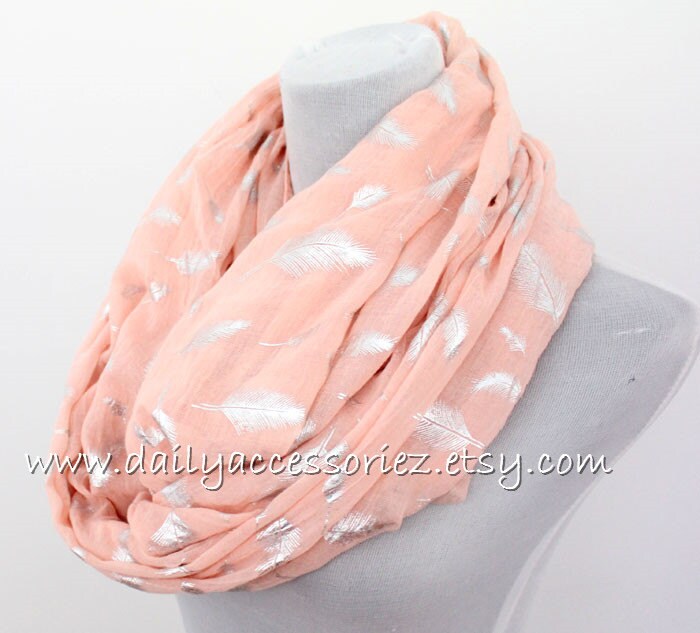 Peach Pink Feather Infinity Scarf Feather Scarf Christmas
