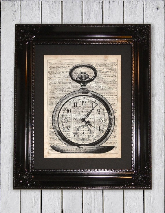 Vintage Open Clock Dictionary Art Print Upcycled Book Art