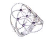 Sacred Geometry, Seed of Life Ring with Amethysts in 925 Sterling Silver