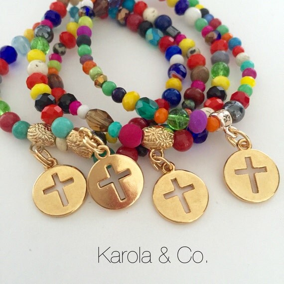 Multicolor Elastic Bracelet / Cross by KarolaCo on Etsy