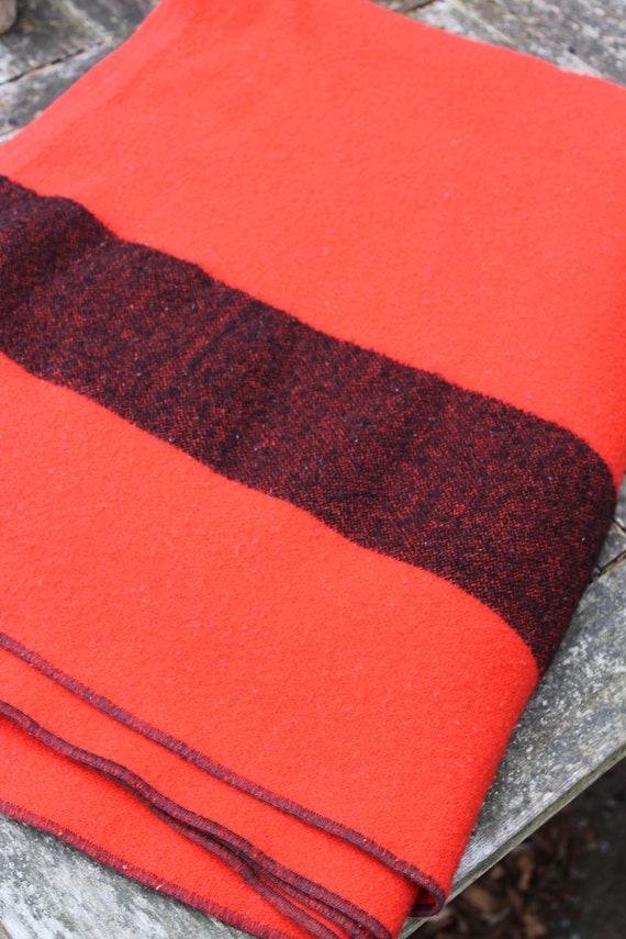 Vintage LLBEAN Red Wool Blanket with Black Stripe by HOSTAANDCO