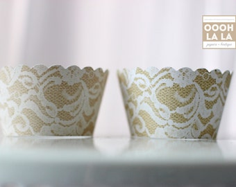 MADE TO ORDER Floral-style Lace and Burlap Style Cupcake Wrappers- Set of 12