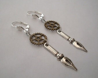 Steampunk earrings pen nib and small cogs