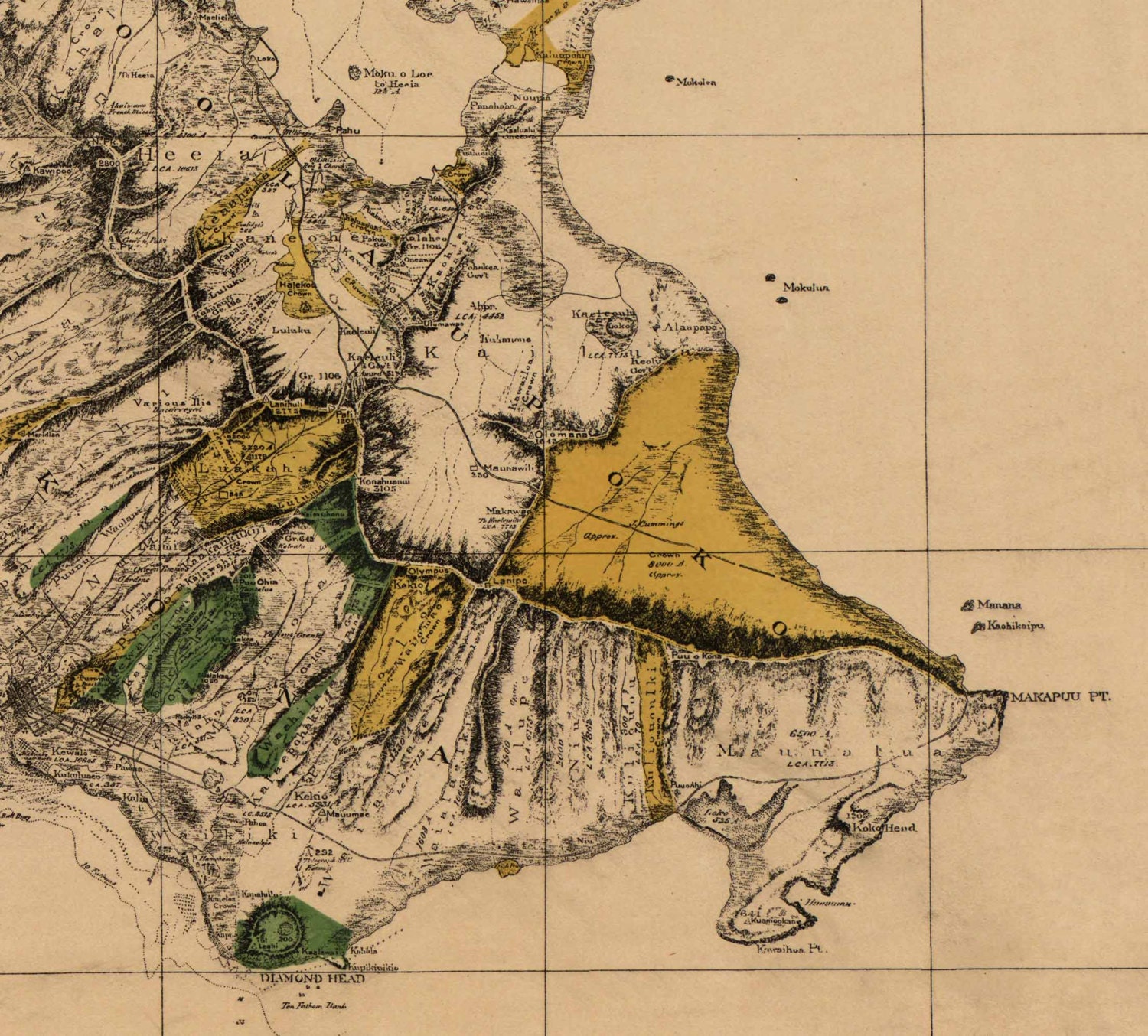 Old Map of Oahu 1881 C.J. Lyons Hawaiian Islands