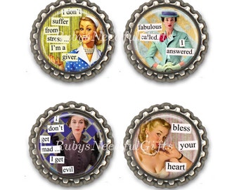 Retro Sassy Housewives Bottle Cap Magnets, Bottlecap magnets, Set of 4.