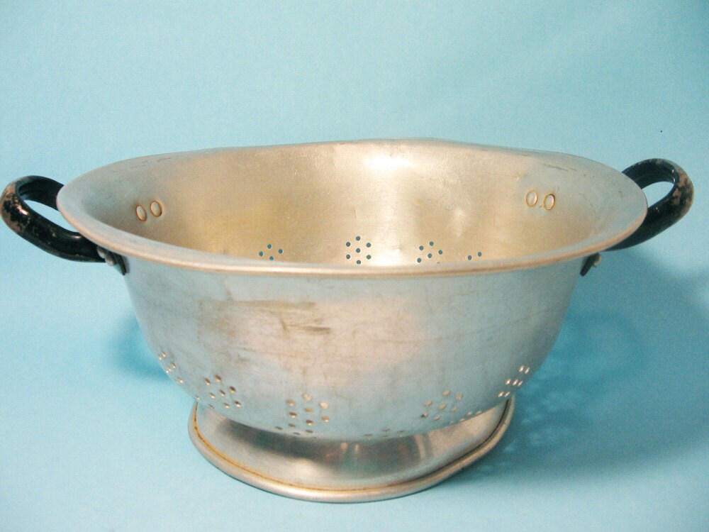 Vintage Colander Aluminum Strainer with black handles made