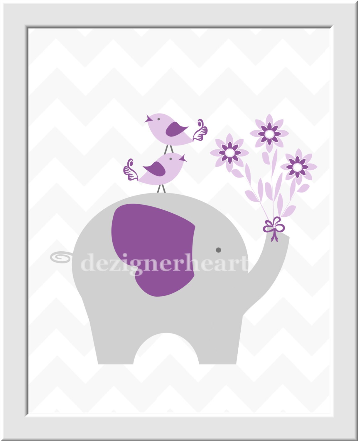 Purple Baby Girl Nursery Wall Art Lavender Gray Elephant