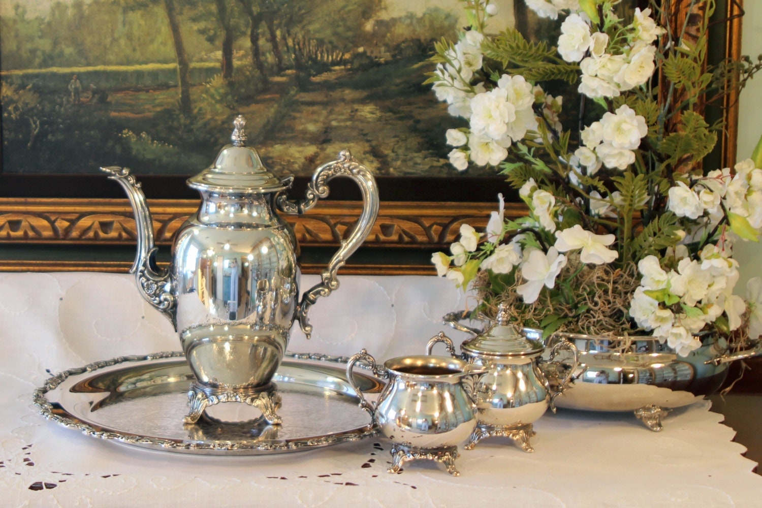 Oneida Silver Plate Tea Service Tea Set and Tray 4 Piece Set
