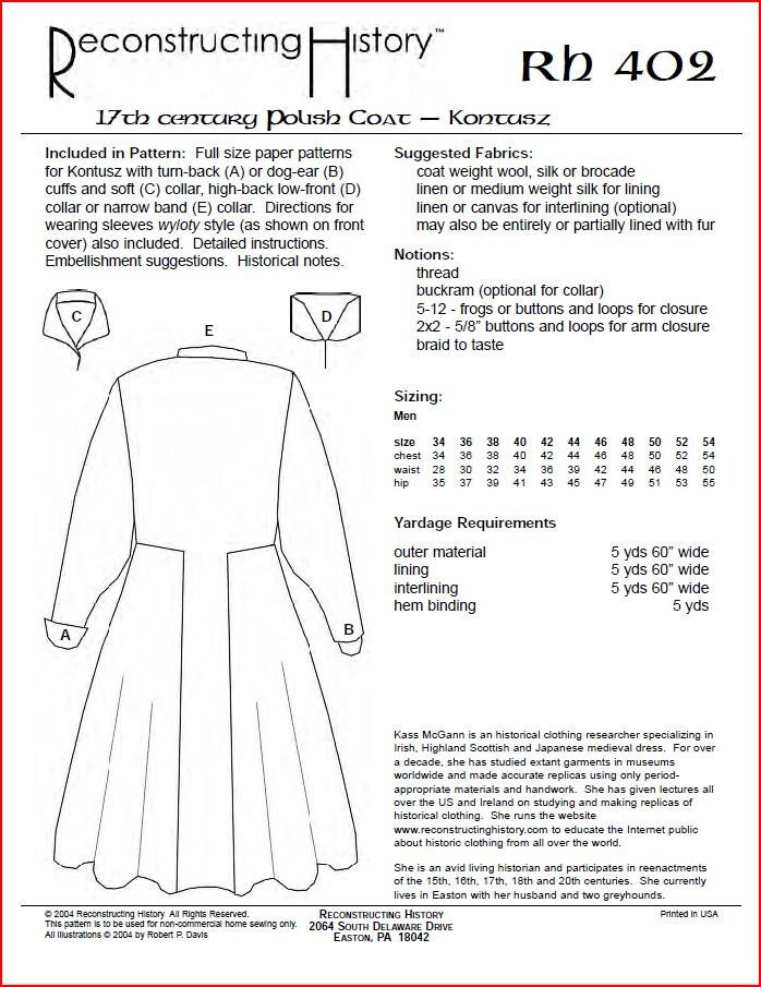 RC402 17th Century Polish Coat Kontusz Sewing Pattern by