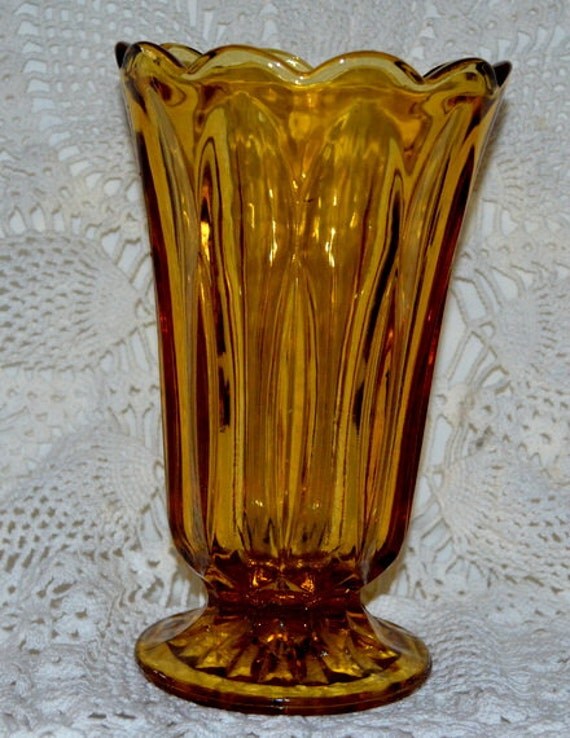 Vintage Heavy Amber Glass Fluted Vase by smile4mecards on Etsy