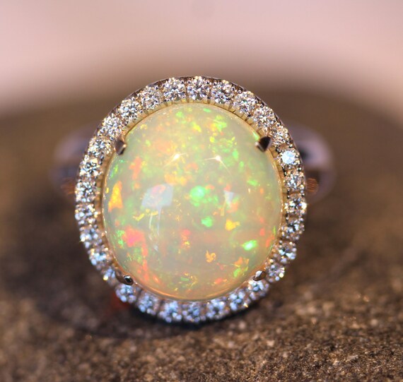 Natural Ethiopian Opal 14k White Gold Ring w/ Diamond Size