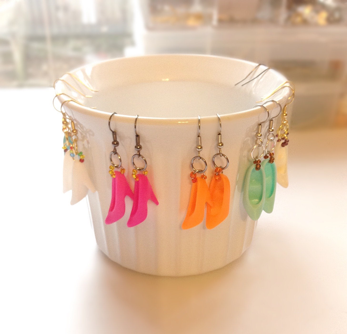 Doll shoe earrings rainbow earrings pink orange by PokeysWorld