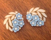 Crown Trifari (C) clip on earings - blue flower with white enamel enamelled leaves