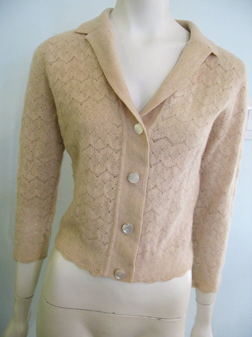 vintage beige cashmere cardigan sweater by dalton open scallop