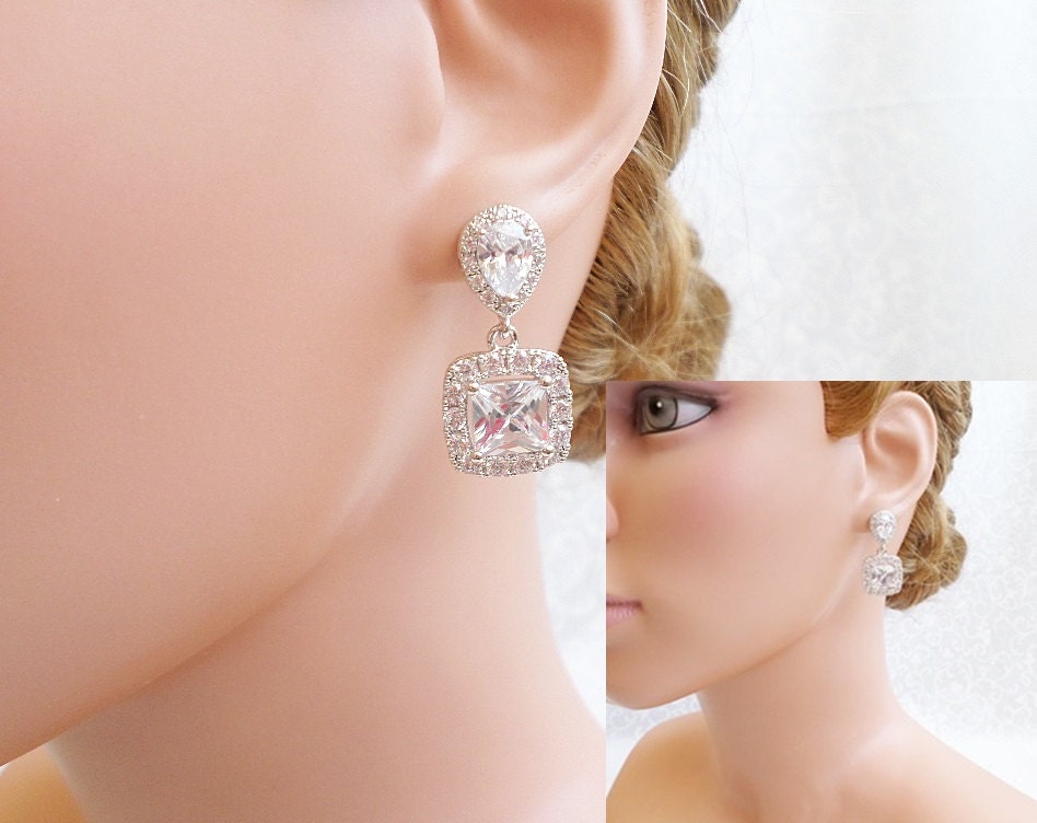 Cubic Zirconia Bridal Earrings Cushion Cut CZ by JessicasBridal