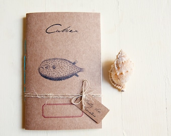 Sea animal notebook globe-fish, nature journal handmade, rustic diary
