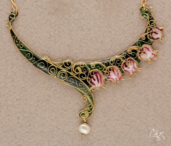 Spring flower. Jewelry Set. Bright asymmetrical necklace, long earrings. Gilding, hand painting, natural pearls.