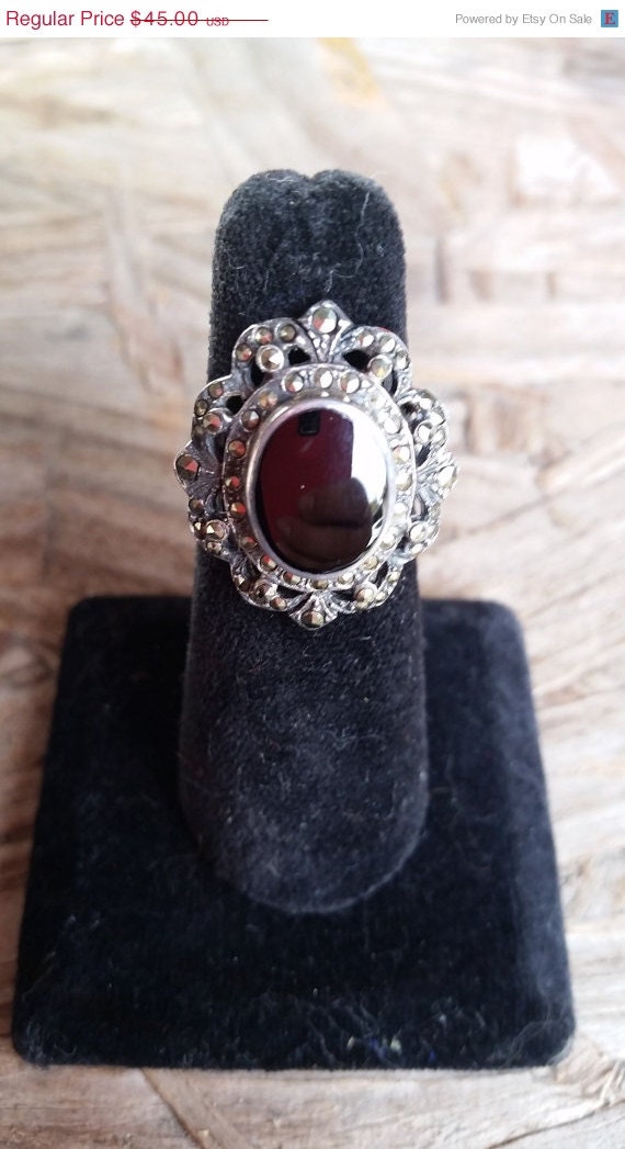Spring Sale Art Deco Vintage Large ornate  onyx and marcasite sterling silver stamped cocktail ring size 7
