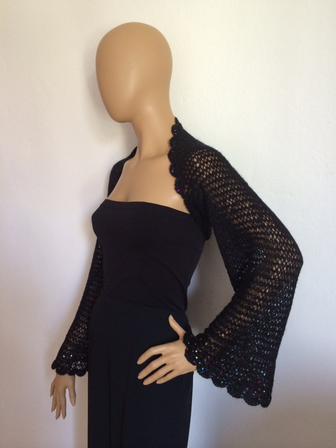Gothic Wedding Shrug Black Bolero Sheer Shrug Sequin by KnitBuddy