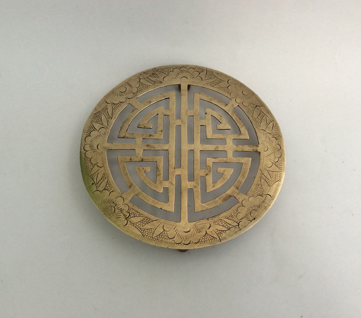 Antique trivet vintage brass tea kettle teapot stand round