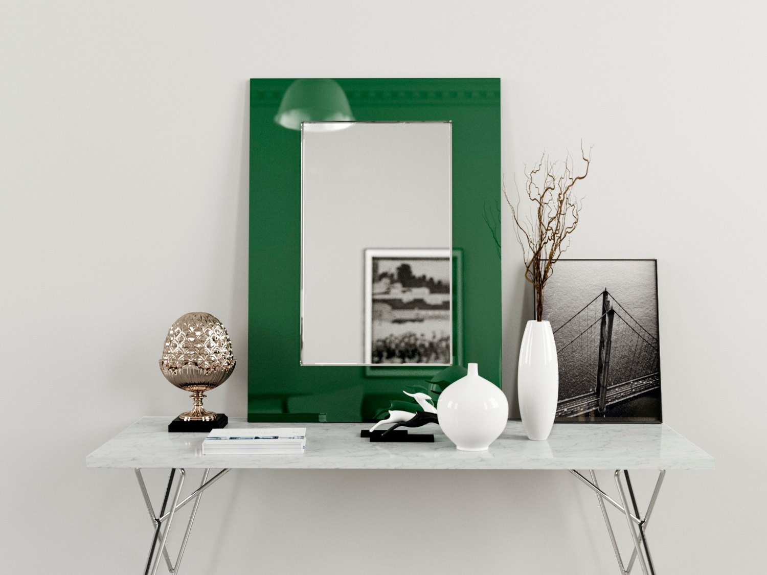 Green Glass mirror. Green wall mirror with Art Deco and