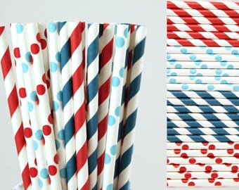 Dr Seuss Paper Straw Mix-Red Straws-Aqua Straws-Teal Straws-Striped Straws-Polka Dot Straws-Dr Seuss Party Straw-Mason Jar Straw-4th of July