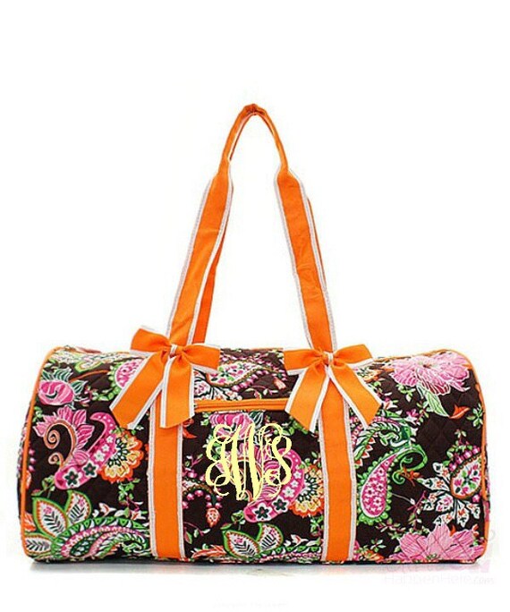 Duffle Bag Quilted Brown Floral Paisley Orange Monogrammed Travel Tote ...