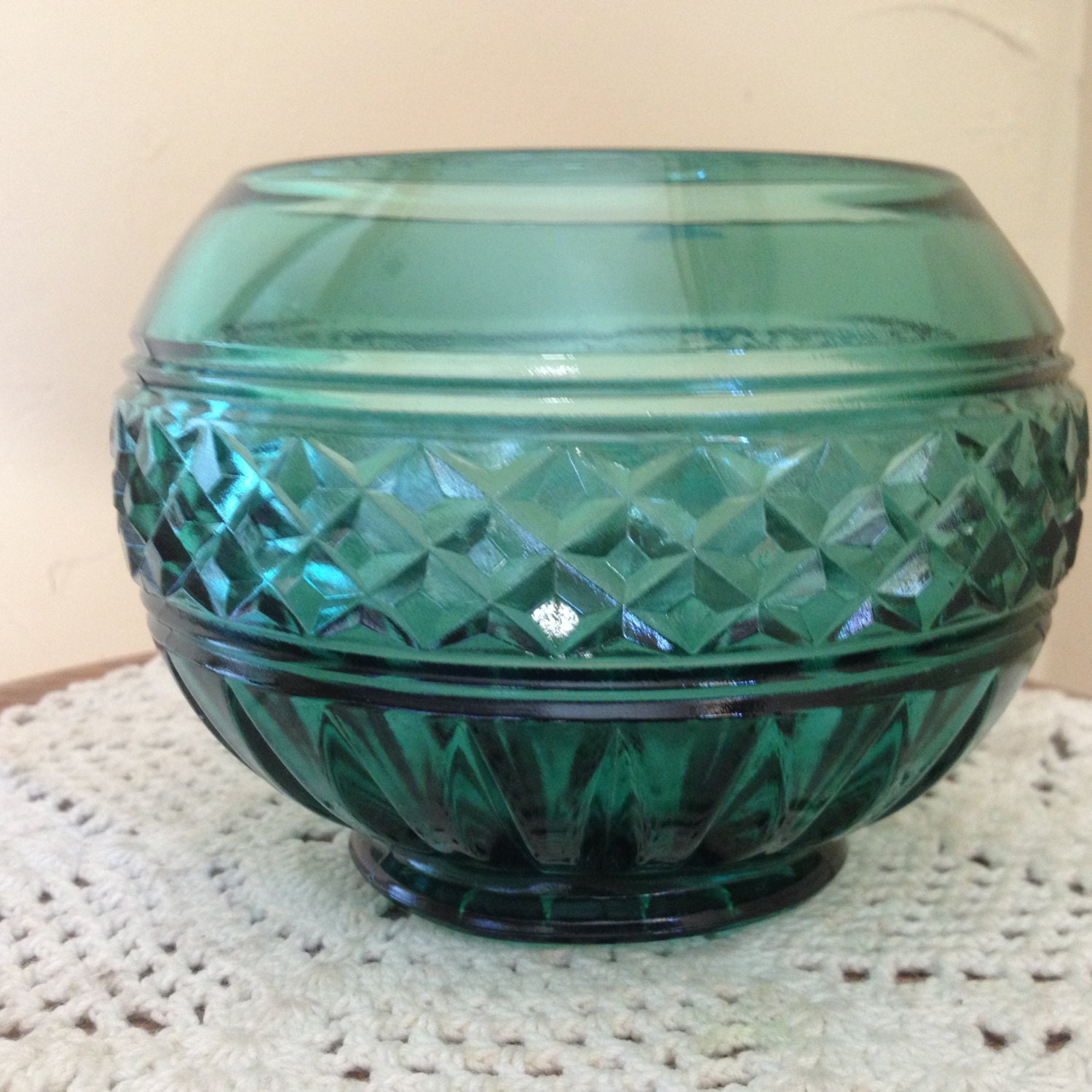 Vintage Teal Green Cut Glass Diamond Pattern Lead Crystal Bowl