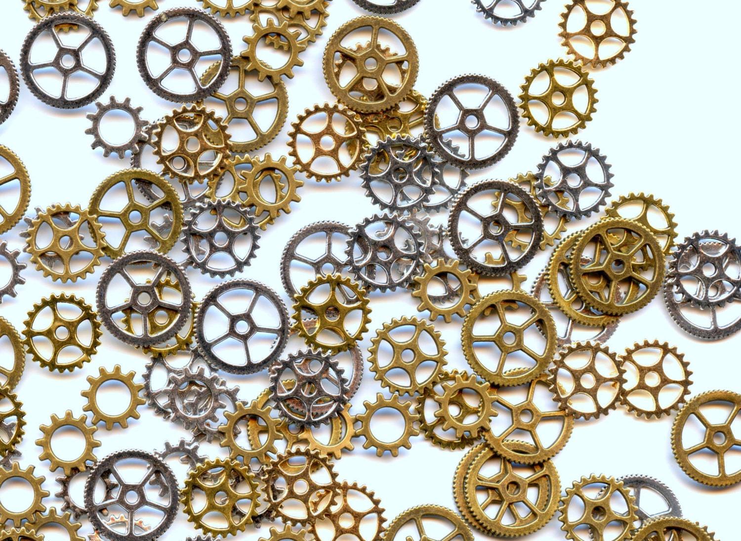 Steampunk Gears Galore Gear Charms 1oz 50-60 Pieces Mixture Assortment Mix Antique Bronze, Antique Gold, Silver, Gold Beautiful