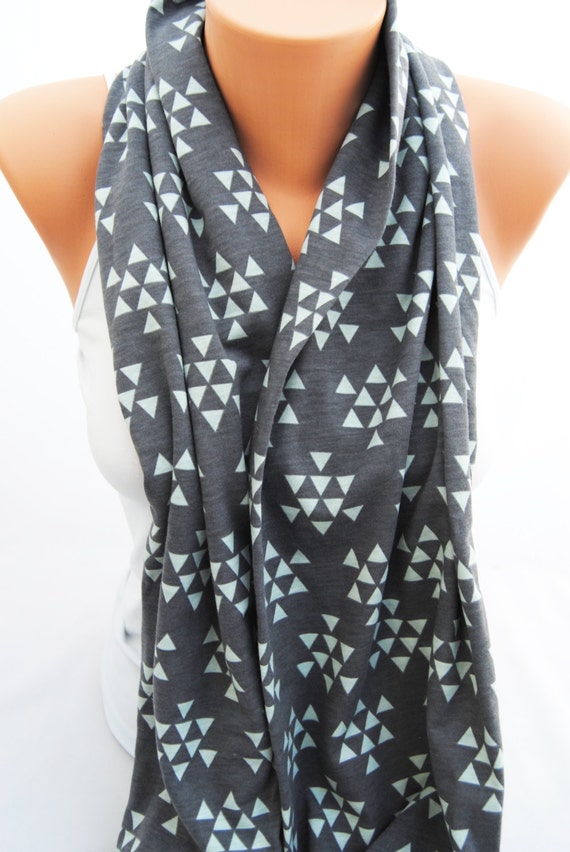 Charcoal infinity scarf Gray and mint triangles Grey