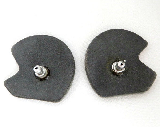 Vintage Black and Pink Enamel Earrings, Artisan Studs