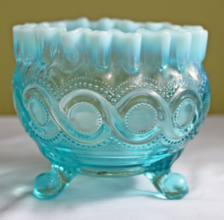 Fenton Blue Glass Bowl with Three Feet and Ruffled Rim. Candy