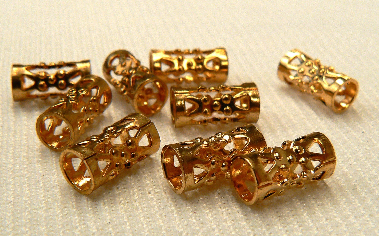 Gold Filigree Metal Beads Vintage Gold Tube Beads 12 Loose